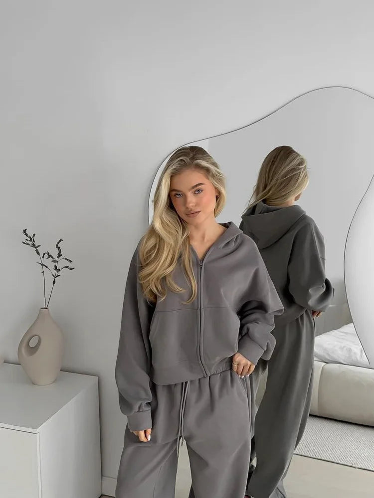 Casual Women's Tracksuit With Hat Zipper Full Sleeve Coat Loose Pants Solid Two Pieces Female Sets 2025 Autumn Sport Lady Suit