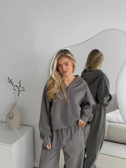 Casual Women's Tracksuit With Hat Zipper Full Sleeve Coat Loose Pants Solid Two Pieces Female Sets 2025 Autumn Sport Lady Suit