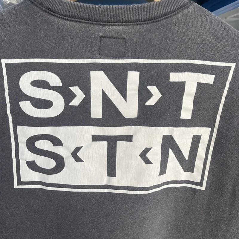 Casual Men Women Cracked Letters Printing Best Quality Saint Sweatshirt Vintage Washed Black Loose Cotton Long Sleeve Pullover