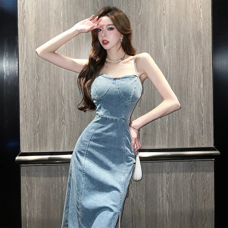 Ladies New Summer Sexy Spaghetti Strap Denim Fashion Evening Clubwear Party Dress Women Sleeveless Backless Mid Dresses