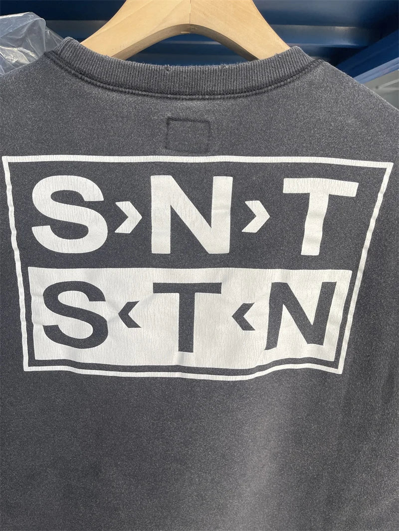 Casual Men Women Cracked Letters Printing Best Quality Saint Sweatshirt Vintage Washed Black Loose Cotton Long Sleeve Pullover