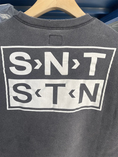 Casual Men Women Cracked Letters Printing Best Quality Saint Sweatshirt Vintage Washed Black Loose Cotton Long Sleeve Pullover