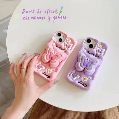 Lovely 3D Butterfly Folding Stand Bracket Phone Case For iPhone 16 Pro Max 13 14 15 11 12 X XR XS Max Soft Silicone Back Cover