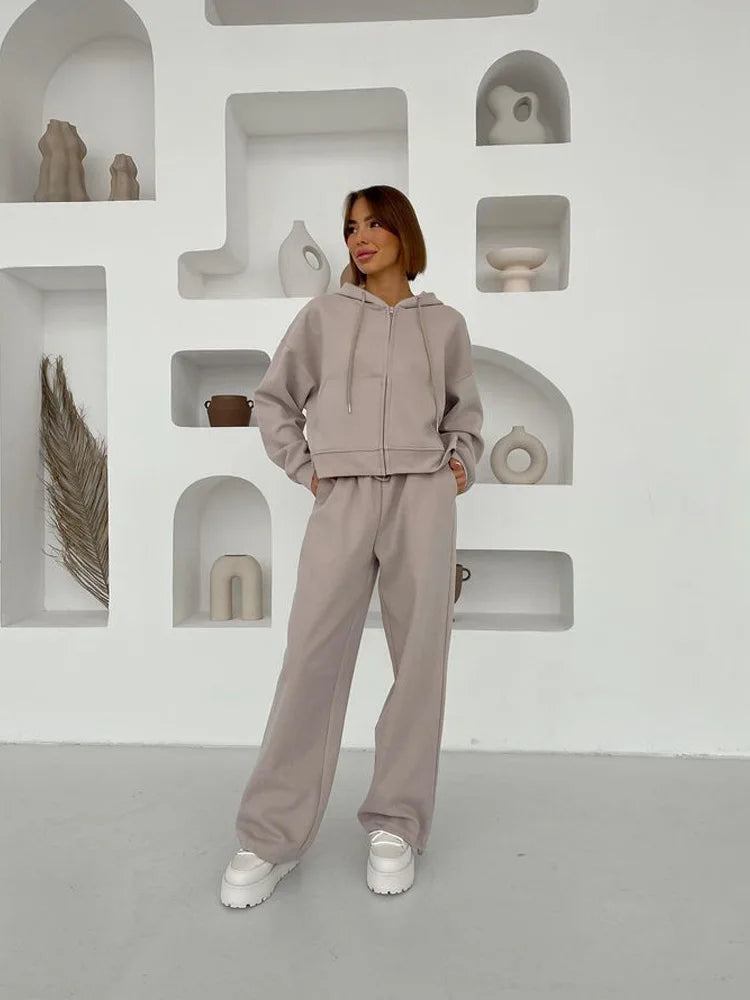 Casual Women's Tracksuit With Hat Zipper Full Sleeve Coat Loose Pants Solid Two Pieces Female Sets 2025 Autumn Sport Lady Suit