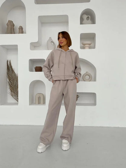 Casual Women's Tracksuit With Hat Zipper Full Sleeve Coat Loose Pants Solid Two Pieces Female Sets 2025 Autumn Sport Lady Suit