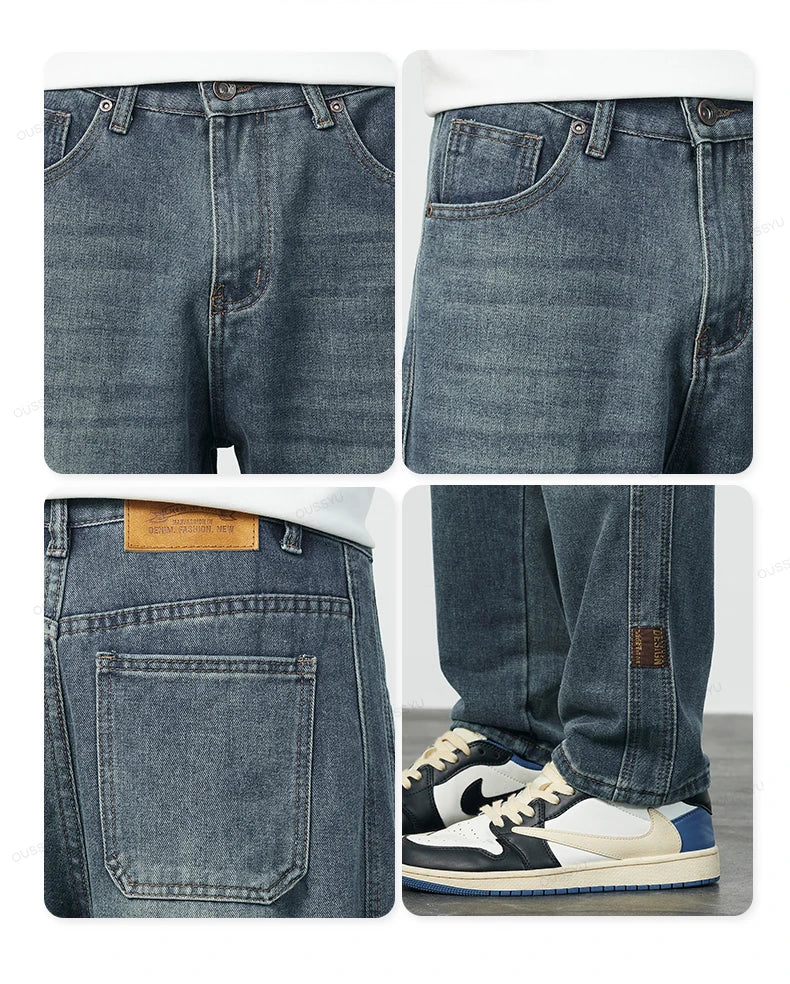 High Quality Cozy Cotton Fabric Men's Jeans Straight Denim Pants High Street Streetwear Korea Retro Blue Trousers Dropshipping