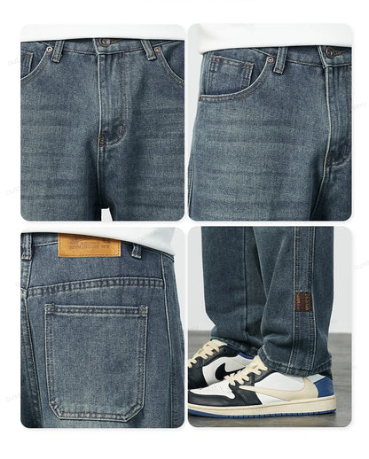 High Quality Cozy Cotton Fabric Men's Jeans Straight Denim Pants High Street Streetwear Korea Retro Blue Trousers Dropshipping