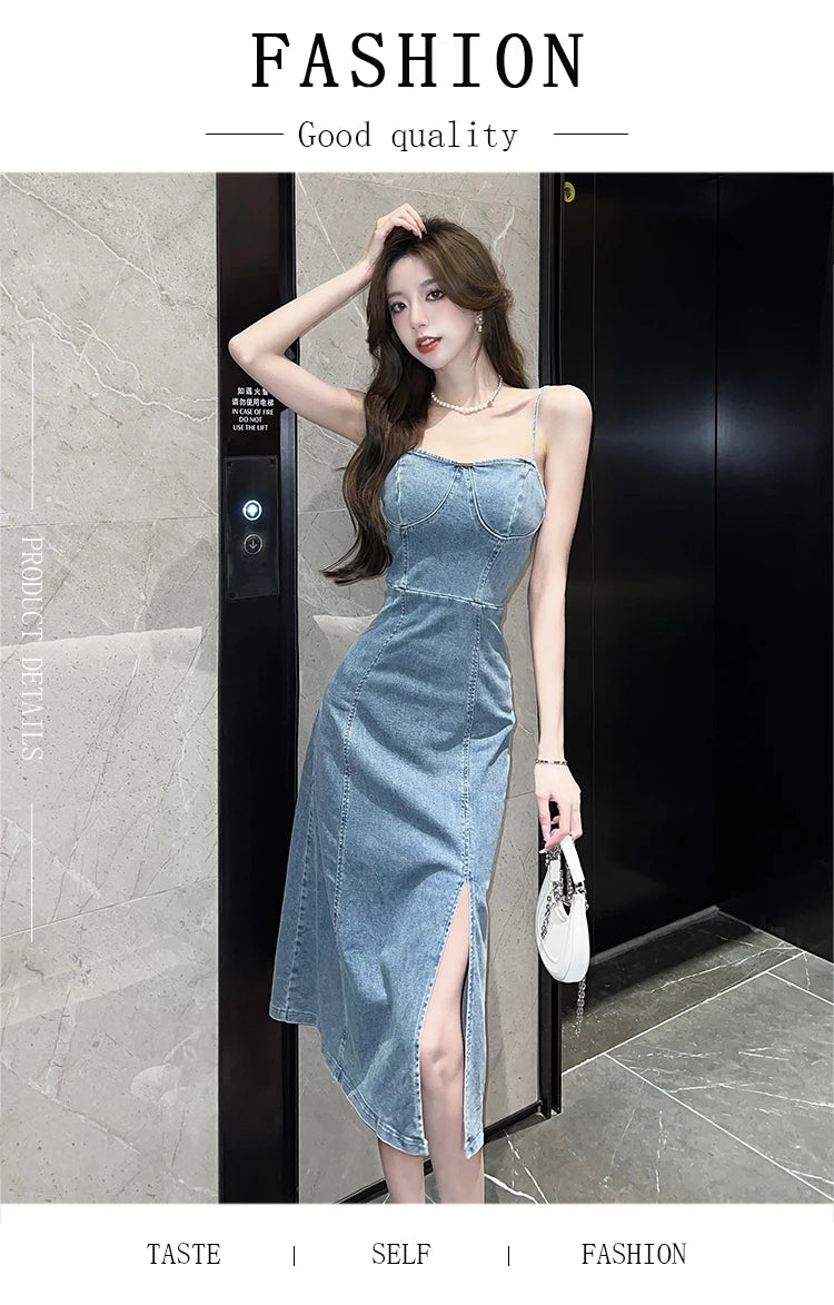 Ladies New Summer Sexy Spaghetti Strap Denim Fashion Evening Clubwear Party Dress Women Sleeveless Backless Mid Dresses