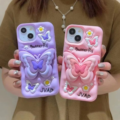 Lovely 3D Butterfly Folding Stand Bracket Phone Case For iPhone 16 Pro Max 13 14 15 11 12 X XR XS Max Soft Silicone Back Cover