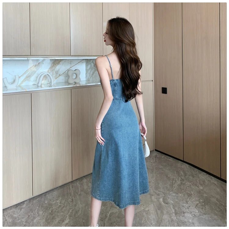 Ladies New Summer Sexy Spaghetti Strap Denim Fashion Evening Clubwear Party Dress Women Sleeveless Backless Mid Dresses
