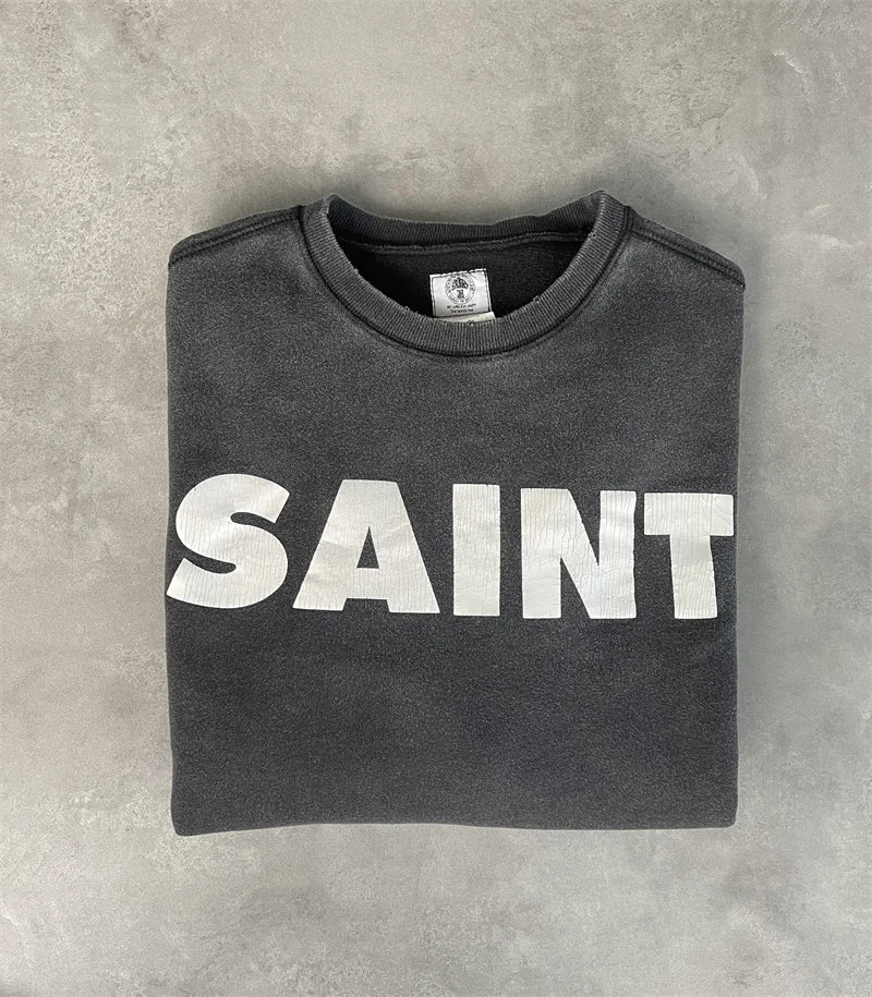 Casual Men Women Cracked Letters Printing Best Quality Saint Sweatshirt Vintage Washed Black Loose Cotton Long Sleeve Pullover