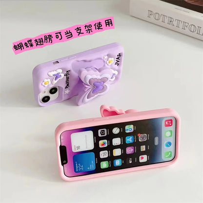 Lovely 3D Butterfly Folding Stand Bracket Phone Case For iPhone 16 Pro Max 13 14 15 11 12 X XR XS Max Soft Silicone Back Cover