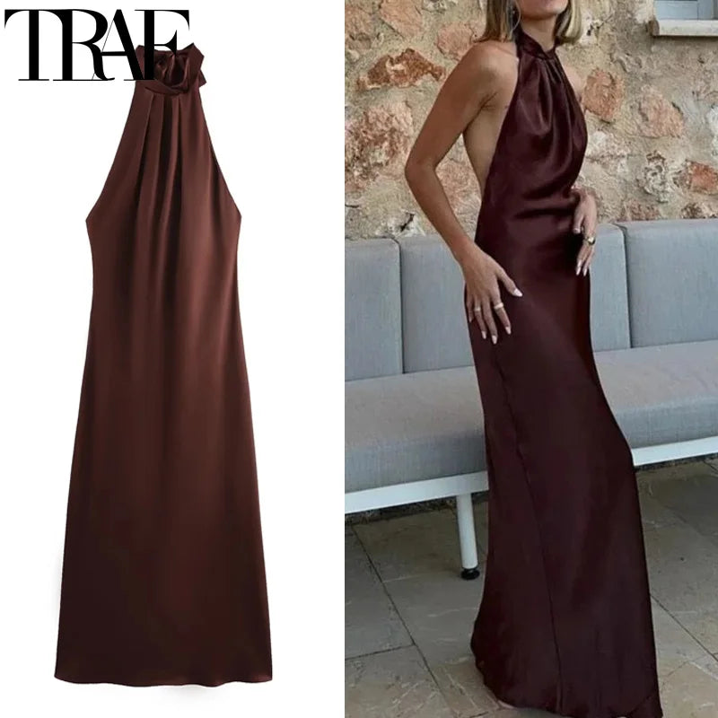 TRAF Halter Satin Tied Backless