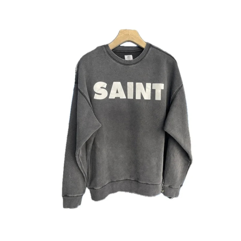 Casual Men Women Cracked Letters Printing Best Quality Saint Sweatshirt Vintage Washed Black Loose Cotton Long Sleeve Pullover