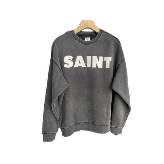 Casual Men Women Cracked Letters Printing Best Quality Saint Sweatshirt Vintage Washed Black Loose Cotton Long Sleeve Pullover