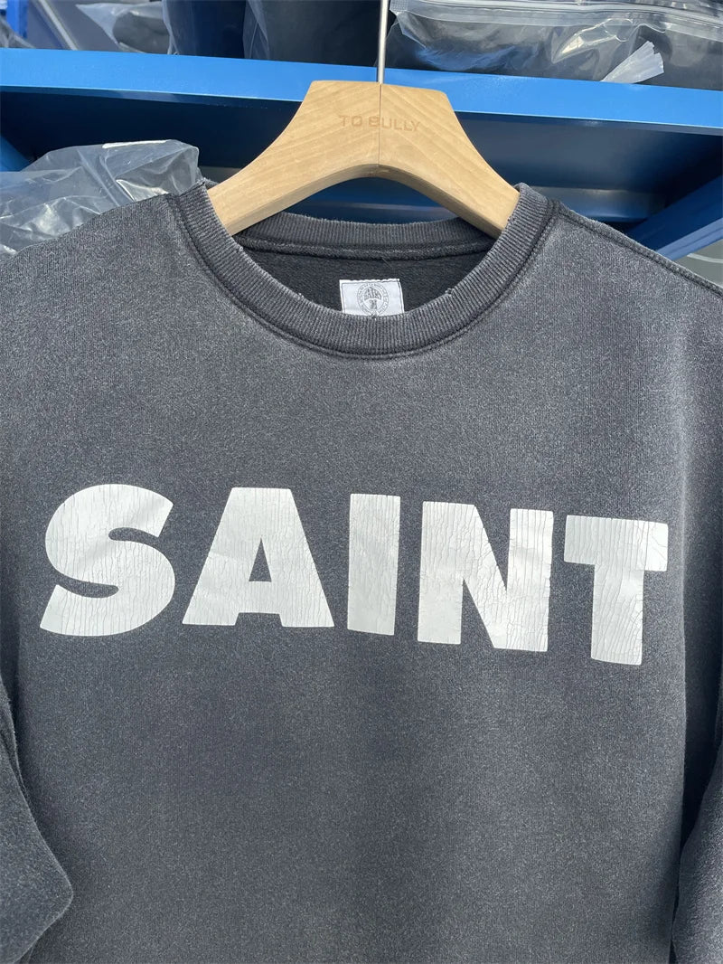 Casual Men Women Cracked Letters Printing Best Quality Saint Sweatshirt Vintage Washed Black Loose Cotton Long Sleeve Pullover
