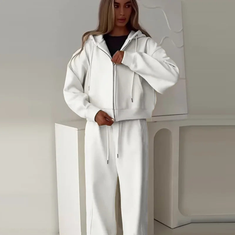 Casual Women's Tracksuit With Hat Zipper Full Sleeve Coat Loose Pants Solid Two Pieces Female Sets 2025 Autumn Sport Lady Suit