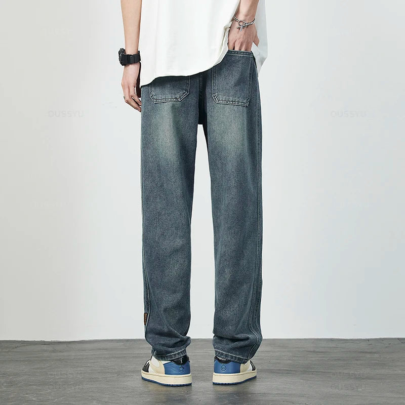 High Quality Cozy Cotton Fabric Men's Jeans Straight Denim Pants High Street Streetwear Korea Retro Blue Trousers Dropshipping