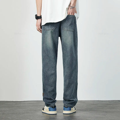 High Quality Cozy Cotton Fabric Men's Jeans Straight Denim Pants High Street Streetwear Korea Retro Blue Trousers Dropshipping