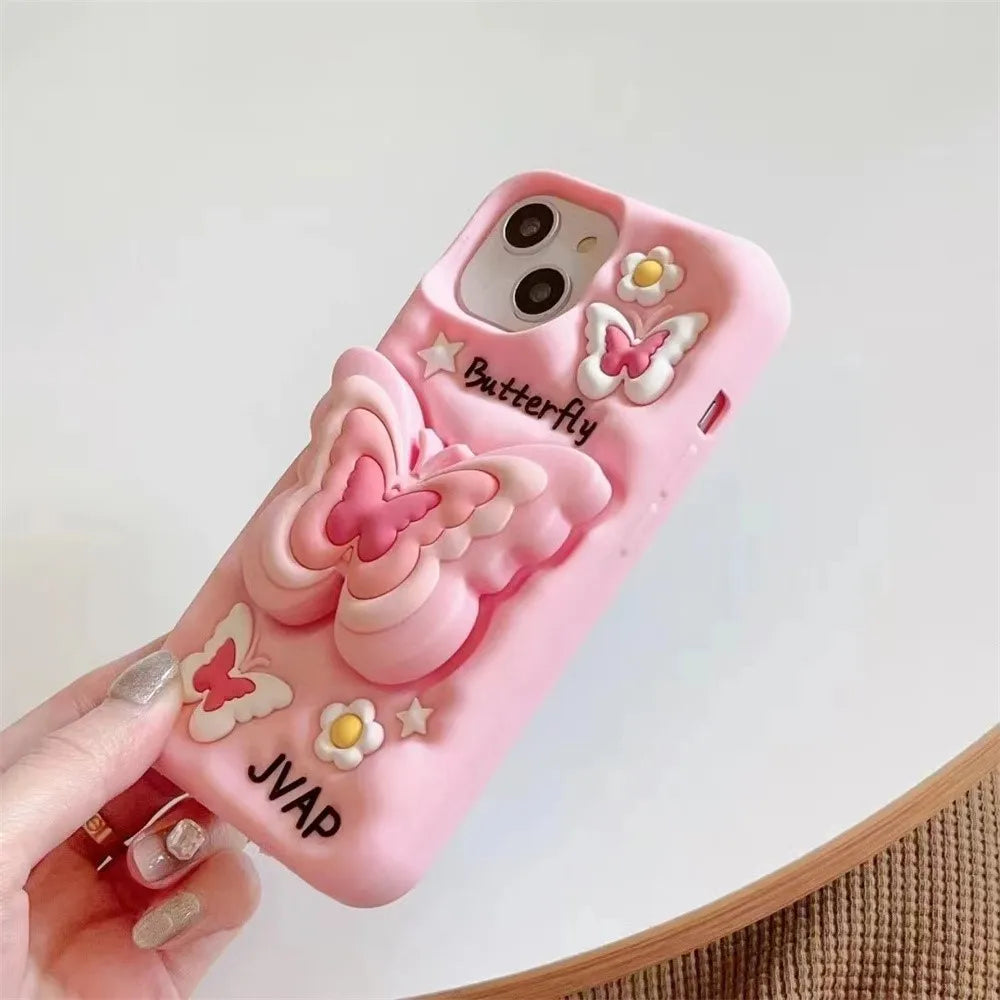 Lovely 3D Butterfly Folding Stand Bracket Phone Case For iPhone 16 Pro Max 13 14 15 11 12 X XR XS Max Soft Silicone Back Cover