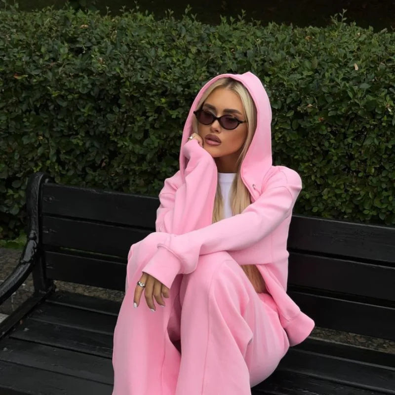 Casual Women's Tracksuit With Hat Zipper Full Sleeve Coat Loose Pants Solid Two Pieces Female Sets 2025 Autumn Sport Lady Suit