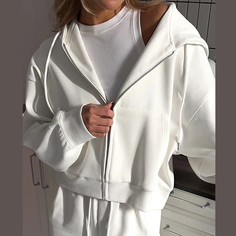 Casual Women's Tracksuit With Hat Zipper Full Sleeve Coat Loose Pants Solid Two Pieces Female Sets 2025 Autumn Sport Lady Suit