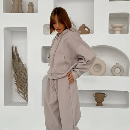 Casual Women's Tracksuit With Hat Zipper Full Sleeve Coat Loose Pants Solid Two Pieces Female Sets 2025 Autumn Sport Lady Suit