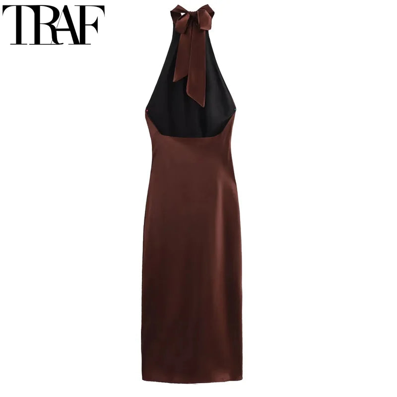 TRAF Halter Satin Tied Backless
